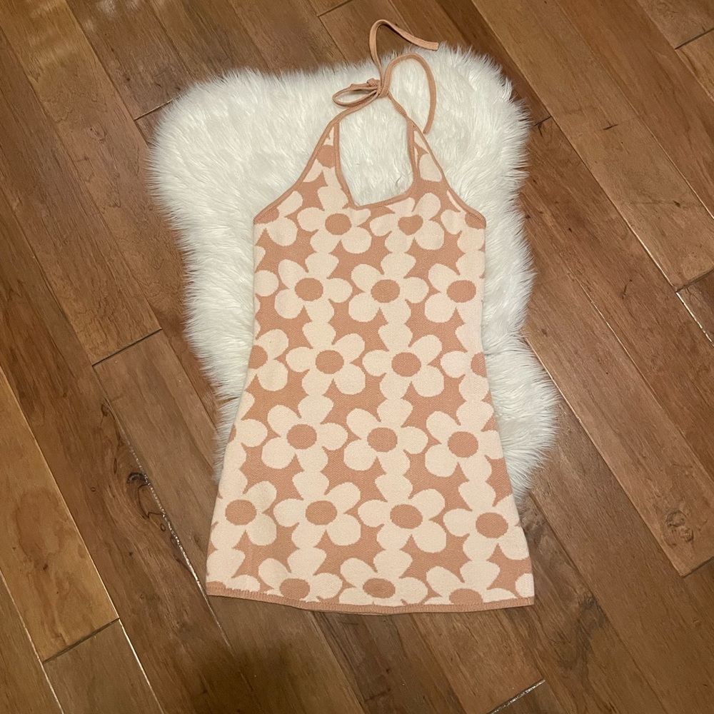 NEW Brown Knit Floral Mini Halter Dress